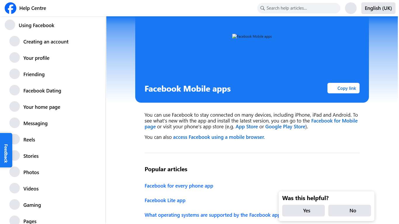 Facebook Mobile apps Facebook Help Centre