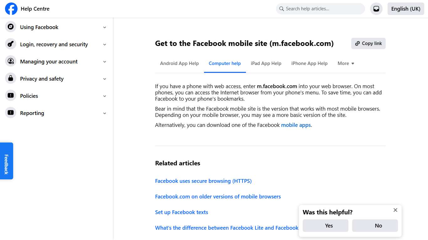 Get to the Facebook mobile site (m.facebook.com) Facebook Help Centre